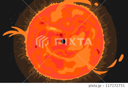 Magnetic storm on the surface of the sun with plasma and prominences. Bright Sun against dark starry sky in Solar System. Magnetic storm on the surface of the sun with plasma and prominences. Bright Sun against dark starry sky in Solar System. 117172731