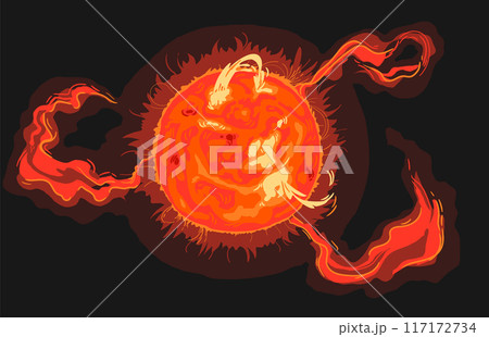 Magnetic storm on the surface of the sun with plasma and prominences. Bright Sun against dark starry sky in Solar System. 117172734