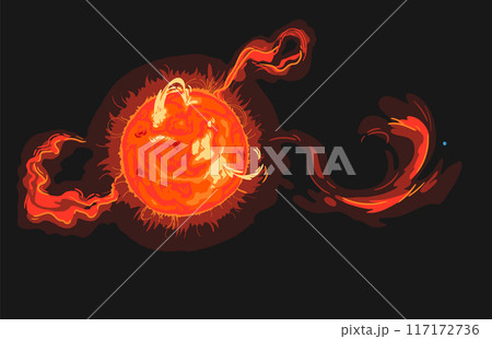 Magnetic storm on the surface of the sun with plasma and prominences. Bright Sun against dark starry sky in Solar System. 117172736