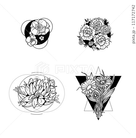 Black and white set of flower greenery leaves line art isolated. Spring floral garden roses black logo wreath sketch plant. Vector illustration botanical stem, green leaves, floral bloom 117172742