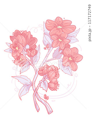 Delicate vector art print with pink flowers. Spring floral garden roses black logo wreath sketch plant. Vector illustration botanical stem, green leaves, floral bloom Delicate vector art print with pink flowers. Spring floral garden roses black logo wreath sketch plant. Vector illustration botanical stem, green leaves, floral bloom 117172749