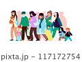A large crowd of people migrates with their belongings and animals due to a disaster or war 117172754