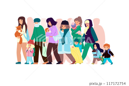 A large crowd of people migrates with their belongings and animals due to a disaster or war A large crowd of people migrates with their belongings and animals due to a disaster or war 117172754