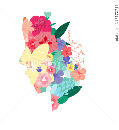 Beautiful woman face silhouette. Vector illustration, diadem flowers, butterflies, floral motive, abstract flowers, spa salon, sign, symbol, nails studio, hairdresser salon. Beautiful woman face silhouette. Vector illustration, diadem flowers, butterflies, floral motive, abstract flowers, spa salon, sign, symbol, nails studio, hairdresser salon. 117172755