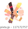 Multicultural hands support each other. lovers meeting, partnership, support, friendship friends hands, agreement, hand in hand flat vector illustration 117172757