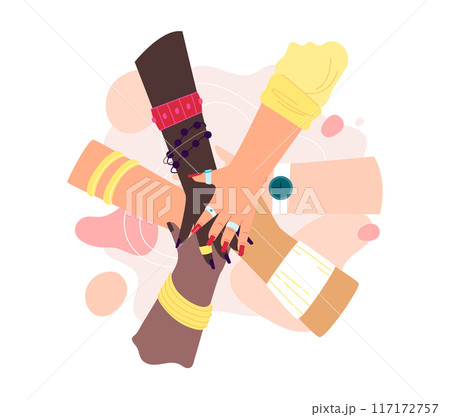 Multicultural hands support each other. lovers meeting, partnership, support, friendship friends hands, agreement, hand in hand flat vector illustration Multicultural hands support each other. lovers meeting, partnership, support, friendship friends hands, agreement, hand in hand flat vector illustration 117172757