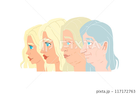 Womans life cycle set concept. Illustration of woman in different age from young to old. Womans life cycle set concept. Illustration of woman in different age from young to old. 117172763