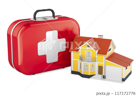 Emergency medical service, concept. First Aid Kit with home. 3D rendering Emergency medical service, concept. First Aid Kit with home. 3D rendering 117172776
