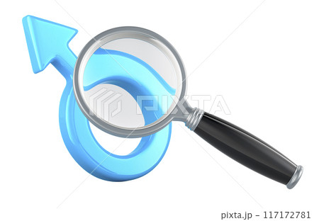 Male gender symbol with loupe, magnifying glass. 3D rendering 117172781