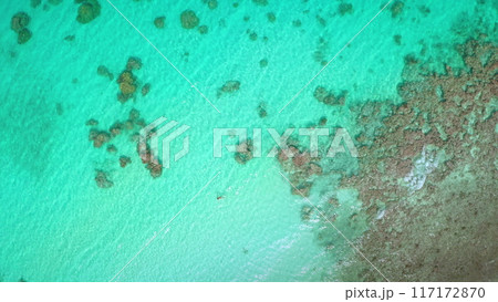 Aerial view turquoise water tropical island in French Polynesia. Crystal clear water coral reefs top down. Beauty of South Pacific ocean. Outdoor lifestyle travel on summer holiday vacation Aerial view turquoise water tropical island in French Polynesia. Crystal clear water coral reefs top down. Beauty of South Pacific ocean. Outdoor lifestyle travel on summer holiday vacation 117172870
