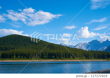An incredible view of a natural mountain lake on a sunny summer day against the backdrop of the rocky mountains of Alberta in Canada. An incredible view of a natural mountain lake on a sunny summer day against the backdrop of the rocky mountains of Alberta in Canada. 117172929