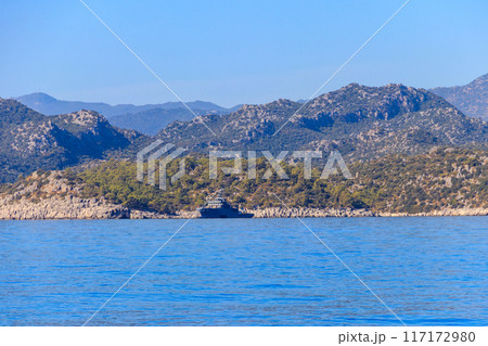 Turkish navy warship sailing in the Mediterranean sea. Protection of water borders of Turkey Turkish navy warship sailing in the Mediterranean sea. Protection of water borders of Turkey 117172980