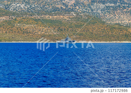 Turkish navy warship sailing in the Mediterranean sea. Protection of water borders of Turkey 117172986