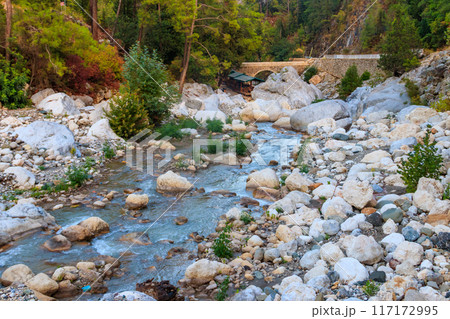 Ancient stone bridge across a mountain river in Kesme Bogaz canyon, Antalya province in Turkey Ancient stone bridge across a mountain river in Kesme Bogaz canyon, Antalya province in Turkey 117172995