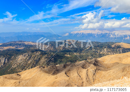 View of the Taurus mountains from a top of Tahtali mountain near Kemer, Antalya Province in Turkey 117173005