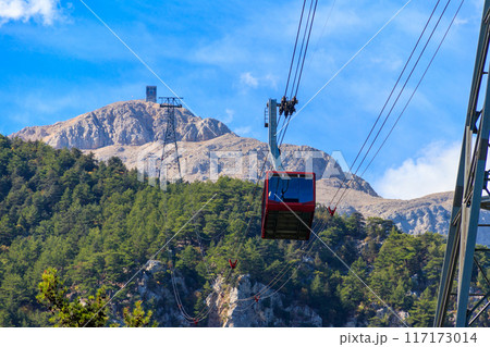 Cable car on ropeway leading to a top of Tahtali mountain in Antalya province, Turkey Cable car on ropeway leading to a top of Tahtali mountain in Antalya province, Turkey 117173014
