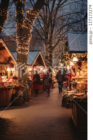 Christmas market and decorations, people doing Christmas and New Year shopping in a festive atmosphere Christmas market and decorations, people doing Christmas and New Year shopping in a festive atmosphere 117173274