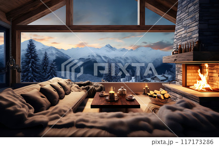 Cozy home with sofa and fireplace, panoramic windows and coffee, winter vibe concept Cozy home with sofa and fireplace, panoramic windows and coffee, winter vibe concept 117173286
