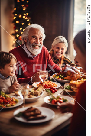 Happy big family celebrating christmas together having a joint christmas dinner, merry christmas 117173288