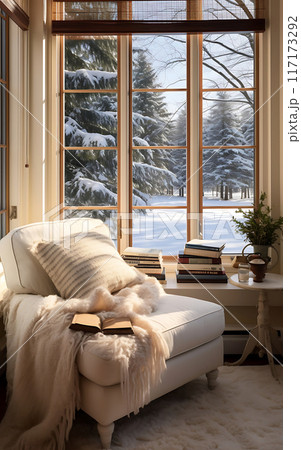 Cozy chalet house interior, sofa and panoramic windows overlooking the winter landscape 117173292