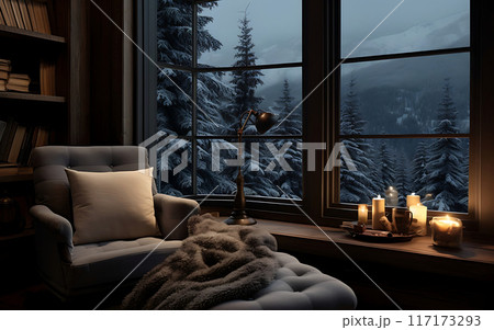 Cozy chalet house interior, sofa and panoramic windows overlooking the winter landscape 117173293