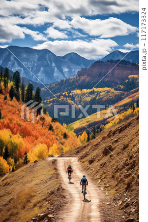 Wellness and sport activity in autumn, Two cyclists riding along an autumn forest road, back view 117173324