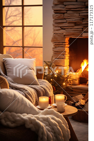 Cozy home with sofa and fireplace, panoramic windows and coffee, autumn vibe concept 117173325
