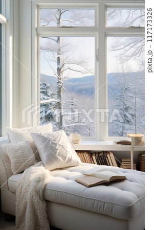 Cozy chalet house interior, sofa and panoramic windows overlooking the winter landscape Cozy chalet house interior, sofa and panoramic windows overlooking the winter landscape 117173326