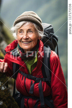 Elderly Woman Enjoying a Mountain Hike Elderly Woman Enjoying a Mountain Hike 117173336