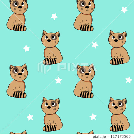 Seamless pattern with cute kitten print. Different cats on color background. Doodle style illustration for kids. Vector illustration for fabric, textile, wallpaper, home clothing, pajama 117173569