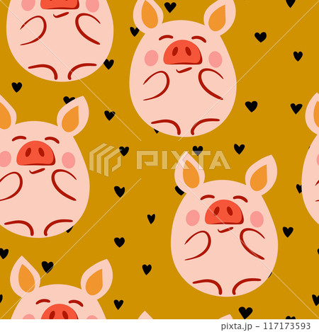 Vector flat animals colorful illustration for kids. Seamless pattern with cute pig on color floral background. Adorable cartoon character. Design for textures, card, poster, fabric, textile 117173593