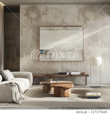 iving room with a blend of industrial textures and cozy furniture, suitable for promoting elegant and contemporary interiors 117173626