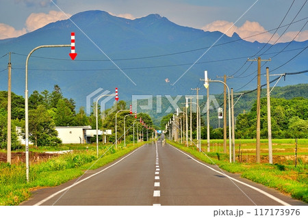 北海道 大雪山と直線道路の風景 117173976