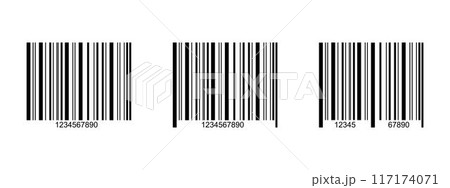 Set of barcode icons. Bar code label templates isolated on white background. Visual presentation of digital data with information about product, event or manufacturer. Vector graphic illustration 117174071