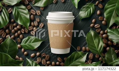Paper Coffee Cup with Label & Beans, Top View, Designer Mockup, AI Created 117174322