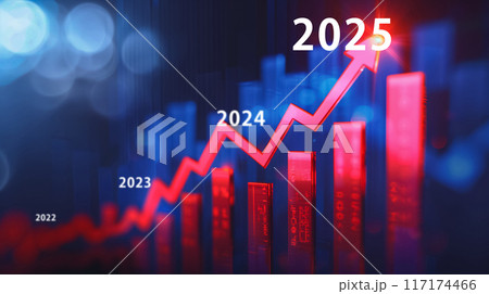 2022年から2025年まで、赤い矢印と年次マーカーが目立つ上昇トレンド 2022年から2025年まで、赤い矢印と年次マーカーが目立つ上昇トレンド 117174466