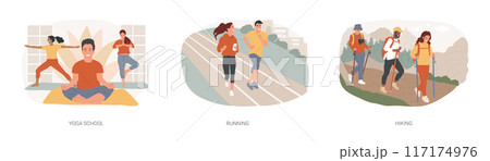Sports lifestyle isolated concept vector illustration set. Sports lifestyle isolated concept vector illustration set. 117174976