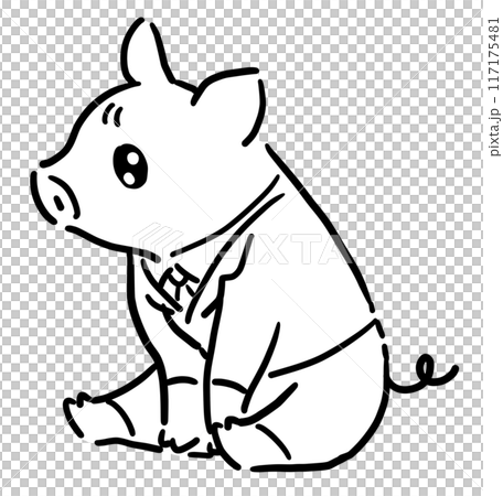 Sitting piglet in a suit with round eyes, black and white 117175481