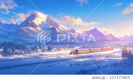 雪に包まれた山岳鉄道と朝焼けの村 - 高品質ファンタジーイラスト 117175803