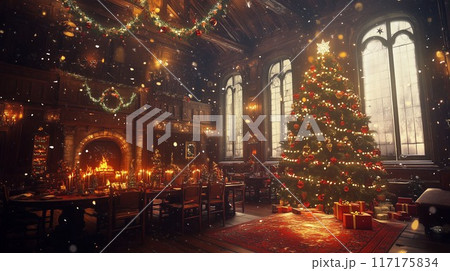 豪華なクリスマスイベントの暖かい室内シーン：壮麗なツリーときらめくデコレーション 117175834