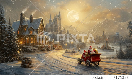 幻想的なクリスマスイブの夜：サンタクロースと雪景色の村 117175838