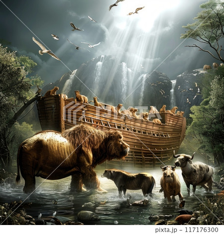 diverse collection of animals, including lions and bulls, assemble near Noah’s Ark as dramatic waterfalls cascade, illuminated by radiant sunlight. 117176300