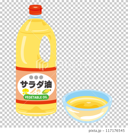 一個瓶子裡的沙拉油和一個小碗裡的沙拉油 117176545