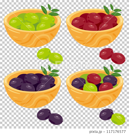 Set of olives in a wooden bowl Set of olives in a wooden bowl 117176577