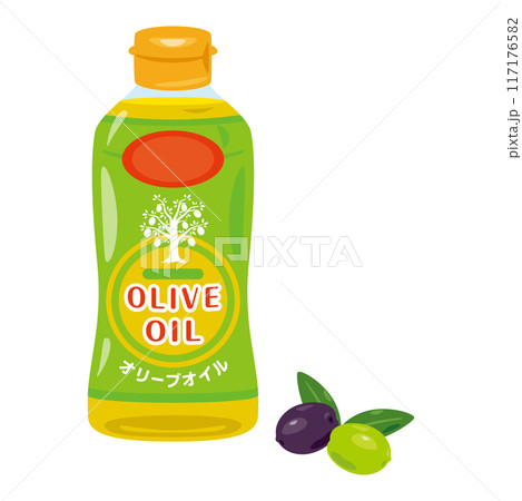 ボトルに入ったオリーブオイルとオリーブの実 ボトルに入ったオリーブオイルとオリーブの実 117176582