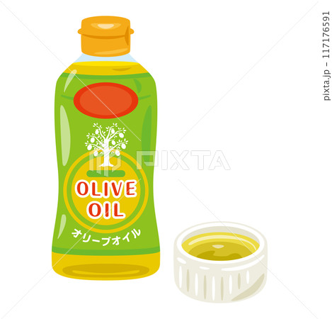 ボトルに入ったオリーブオイルと小鉢に入ったオリーブオイル 117176591