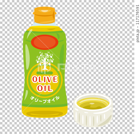 ボトルに入ったオリーブオイルと小鉢に入ったオリーブオイル 117176591