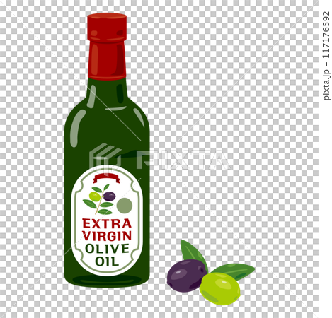 Bottle of extra virgin olive oil and olives 117176592