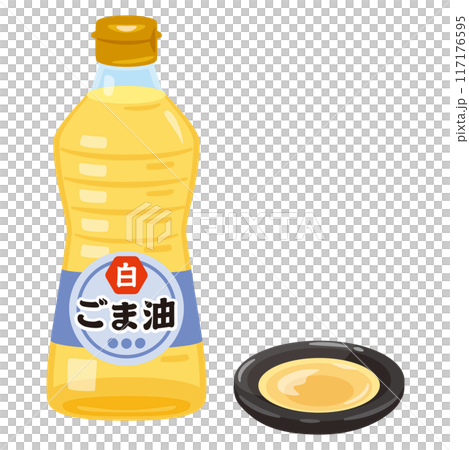 瓶子裡的白芝麻油和小盤子裡的白芝麻油 117176595