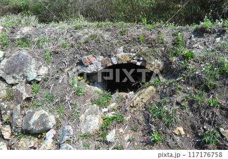 「秀吉の埋蔵金」伝説も残る、兵庫県の多田銀銅山：精錬所跡の土手に残る、煙道吸込口 117176758